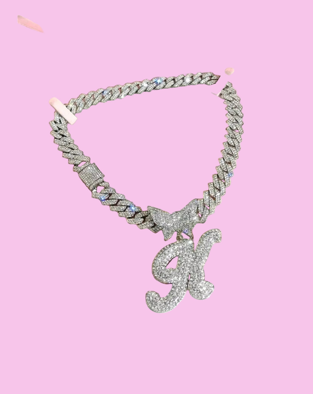 Rhinestone Initial  Butterfly Cuban Link Necklace